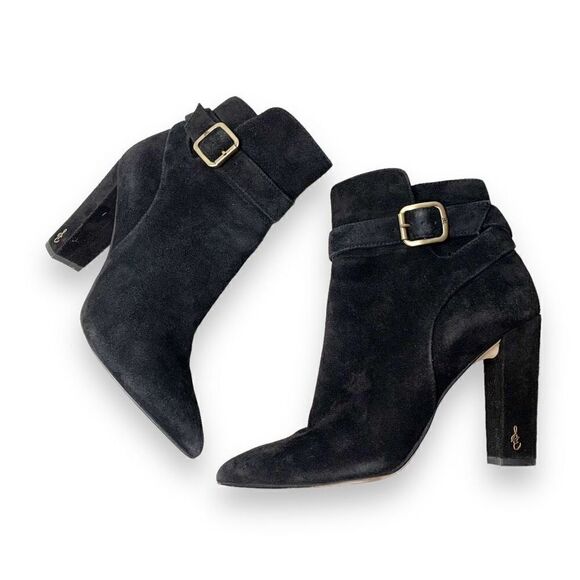 Sam Edelman Rita, Black Suede Booties, Block Heeled Buckle Boots, Women’s Size 7 - Picture 4 of 10